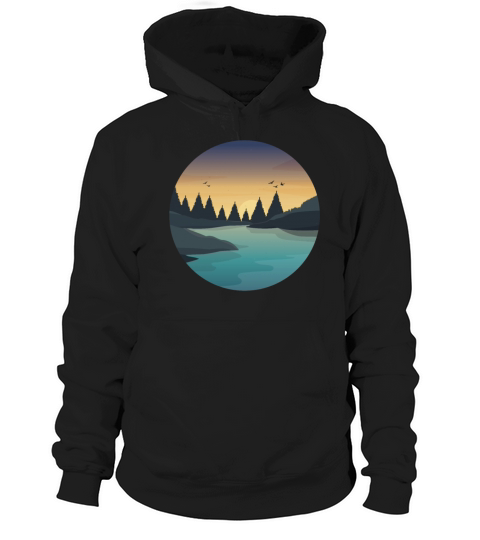 Retro River With Forest And Birds In The Sunset Hoodie Unisex