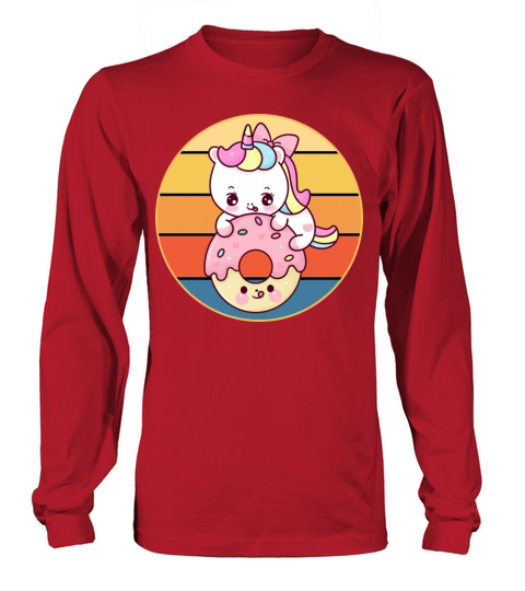 Cute Unicorn Eating Donut Vintage Retro Sunset Long sleeved Unisex