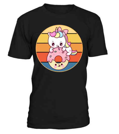 Cute Unicorn Eating Donut Vintage Retro Sunset T-Shirt Unisex