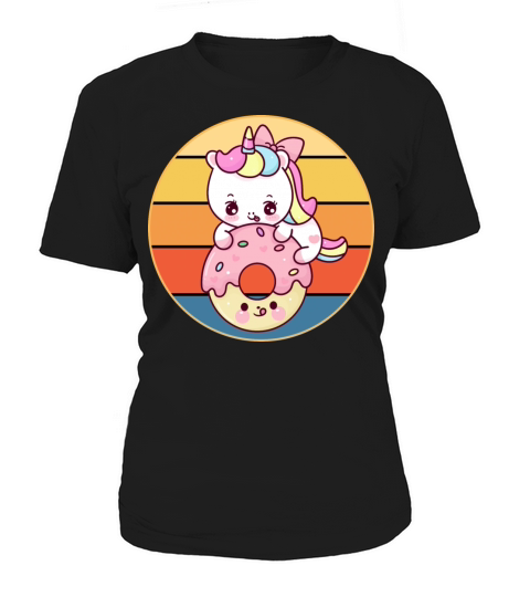 Cute Unicorn Eating Donut Vintage Retro Sunset Women's T-Shirt