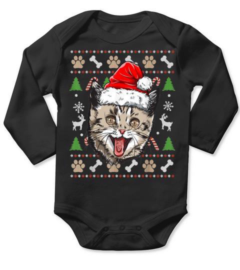 Cat Ugly Christmas Santa Hat Xmas Boys Kids Girls Long Sleeve Baby One-Piece
