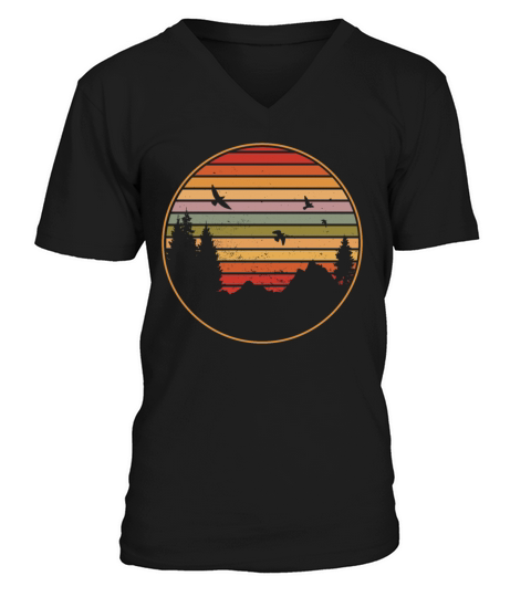 RETRO FOREST WITH BIRDS IN THE SUNSET V-Neck T-shirt