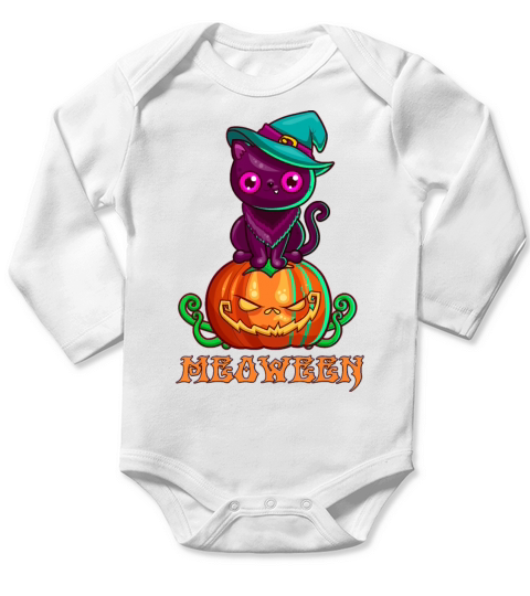 Cat Witch Pumpkin Happy Meoween Halloween Long Sleeve Baby One-Piece