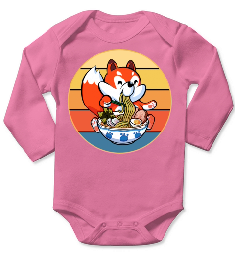Cute Fox Eating Ramen Vintage Retro Sunset Kawaii Long Sleeve Baby One-Piece
