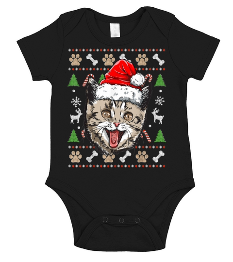 Cat Ugly Christmas Santa Hat Xmas Boys Kids Girls Short Sleeve Baby One-Piece