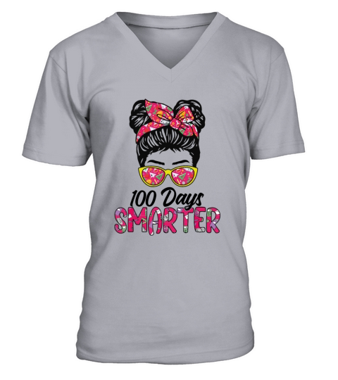 100 Days Smarter Girls Messy Bun Hair 100th Day V-Neck T-shirt