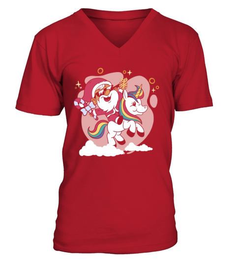 Christmas santa riding unicorn with Christmas tree V-Neck T-shirt