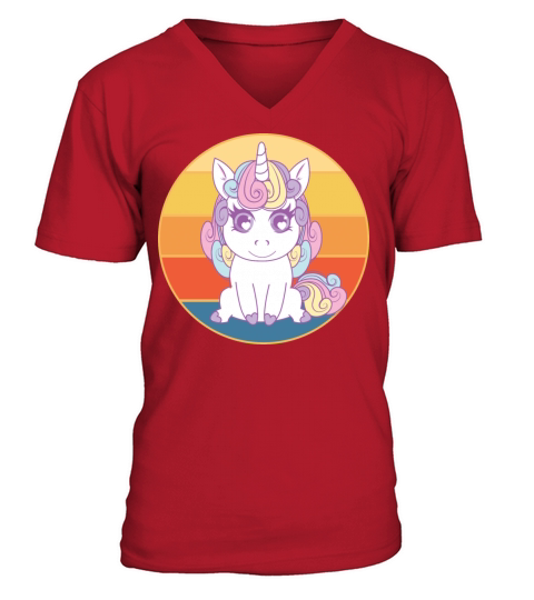 Cute Kawaii Unicorn Retro Sunset Vintage V-Neck T-shirt