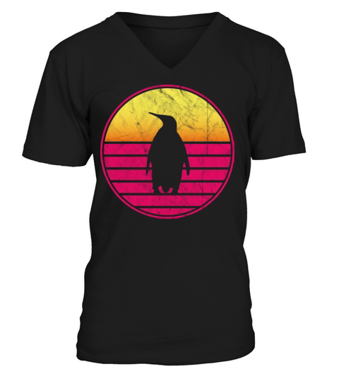 Penguin Vintage Sunset Retro Cute Womens Penguin V-Neck T-shirt