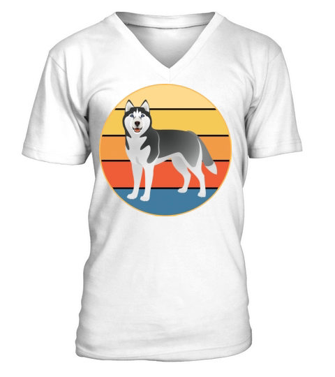 Funny Kawaii Cute Husky Dog Vintage Retro Sunset V-Neck T-shirt