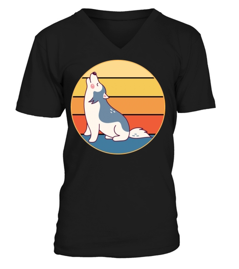 Funny Kawaii Cute Husky Dog Vintage Retro Sunset V-Neck T-shirt