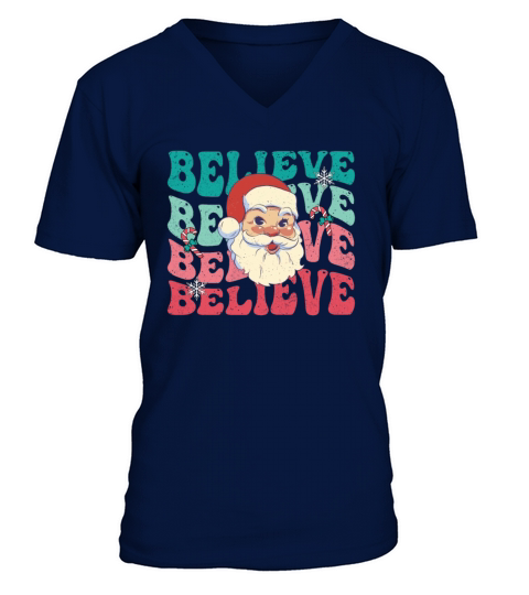 Merry Christmas Retro Believe Santa Claus Vintage Christmas V-Neck T-shirt