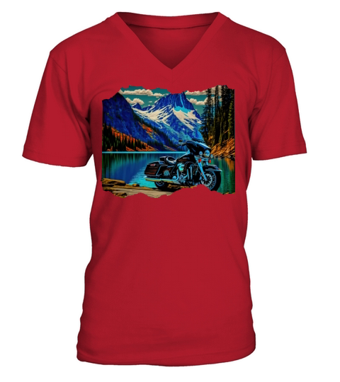 Vintage Motorcycle Biker With Lake V-Neck T-shirt