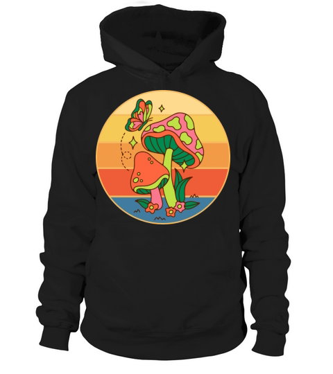 Cute Butterfly On A Mushroom Retro Sunset Vintage Hoodie Unisex