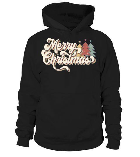 Retro Vintage 70s Merry Christmas Trees Typography Hoodie Unisex