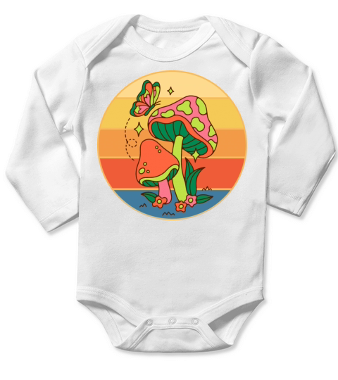 Cute Butterfly On A Mushroom Retro Sunset Vintage Long Sleeve Baby One-Piece
