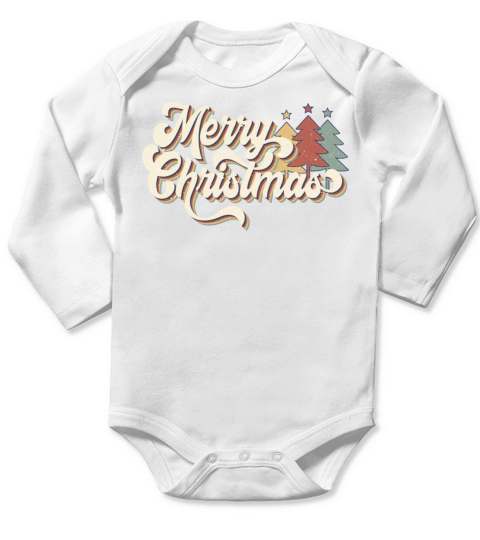 Retro Vintage 70s Merry Christmas Trees Typography Long Sleeve Baby One-Piece