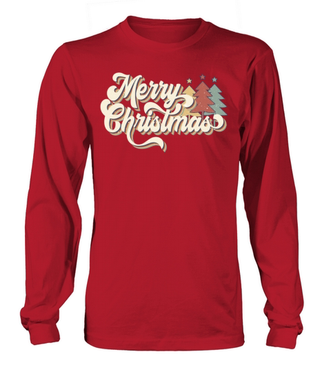 Retro Vintage 70s Merry Christmas Trees Typography Long sleeved Unisex