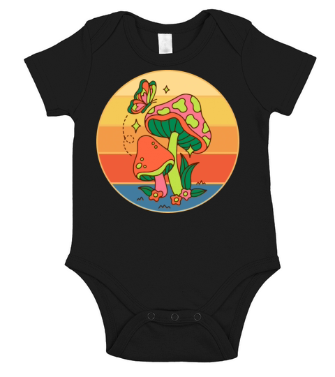 Cute Butterfly On A Mushroom Retro Sunset Vintage Short Sleeve Baby One-Piece