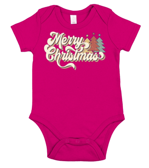 Retro Vintage 70s Merry Christmas Trees Typography Short Sleeve Baby One-Piece