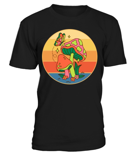 Cute Butterfly On A Mushroom Retro Sunset Vintage T-Shirt Unisex