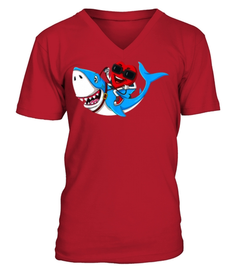 heart riding shark valentines day funny boy V-Neck T-shirt