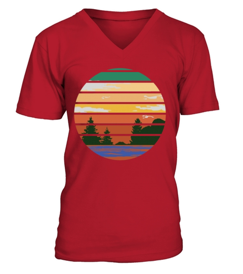 Retro Forest With Lake In The Sunset V-Neck T-shirt