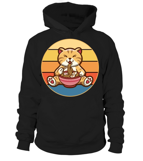 Cute Cat Eating Ramen Vintage Retro Sunset Kawaii Hoodie Unisex