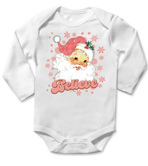 Merry Christmas Retro Vintage Santa Claus Believe Pink Christmas Long Sleeve Baby One-Piece