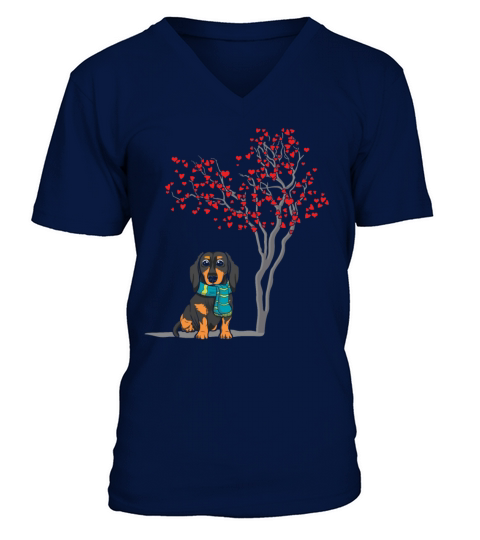 Dog Lover Pet Dog Dachshund Hearts Tree Valentines V-Neck T-shirt