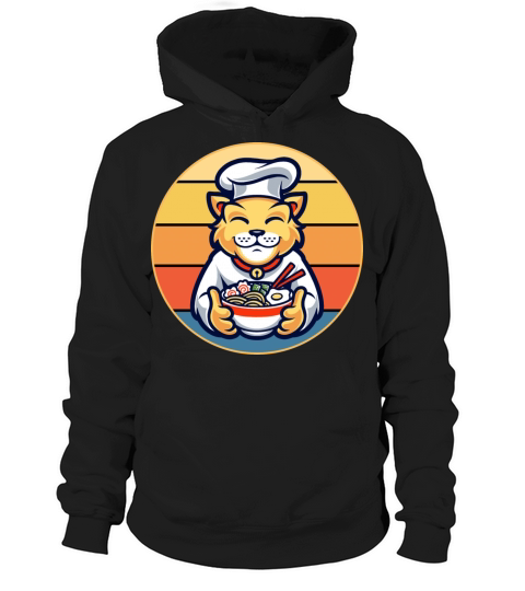 Cute Cat Eating Ramen Vintage Retro Sunset Kawaii Hoodie Unisex