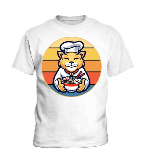 Cute Cat Eating Ramen Vintage Retro Sunset Kawaii Kids T-Shirt