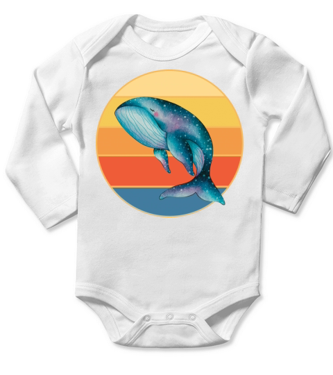 Cute Kawaii Whale Retro Sunset Vintage Ocean Long Sleeve Baby One-Piece