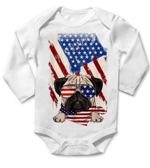 Vintage American Flag Pug Dog Lover 4th of July Long Sleeve Baby One-Piece