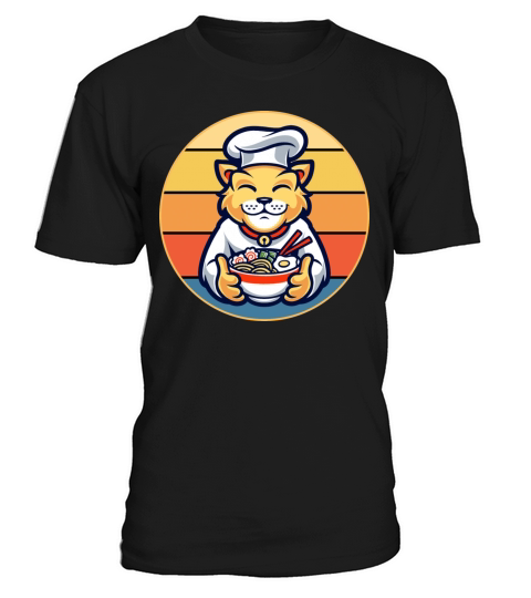Cute Cat Eating Ramen Vintage Retro Sunset Kawaii T-Shirt Unisex
