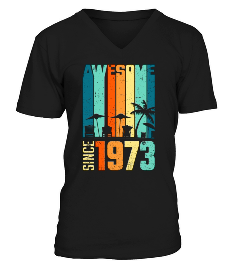 1973 Vintage born in Beach age Birthday gift idea V-Neck T-shirt