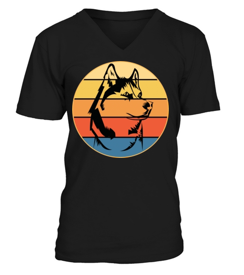 Funny Kawaii Cute Husky Dog Vintage Retro Sunset V-Neck T-shirt