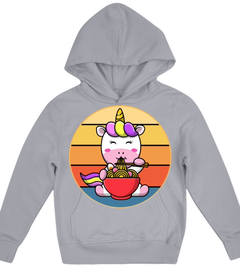 Cute Unicorn Eating Ramen Vintage Retro Sunset Kids Hoodie