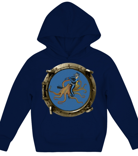 Porthole View of a SCUBA Diver Riding an Octopus Kids Hoodie