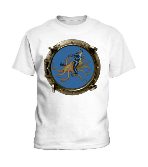 Porthole View of a SCUBA Diver Riding an Octopus Kids T-Shirt