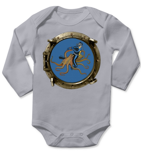 Porthole View of a SCUBA Diver Riding an Octopus Long Sleeve Baby One-Piece