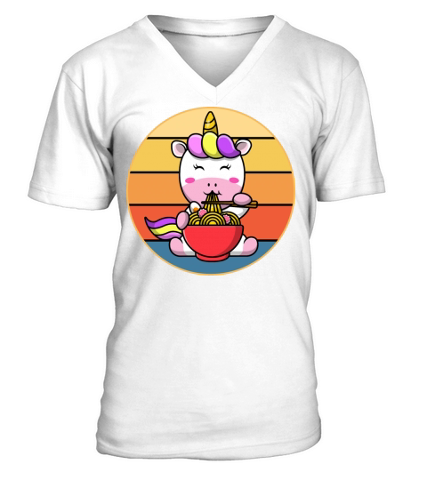 Cute Unicorn Eating Ramen Vintage Retro Sunset V-Neck T-shirt
