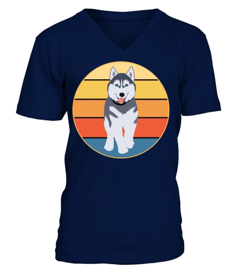 Funny Kawaii Cute Husky Dog Vintage Retro Sunset V-Neck T-shirt