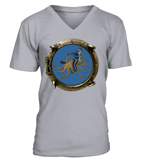 Porthole View of a SCUBA Diver Riding an Octopus V-Neck T-shirt