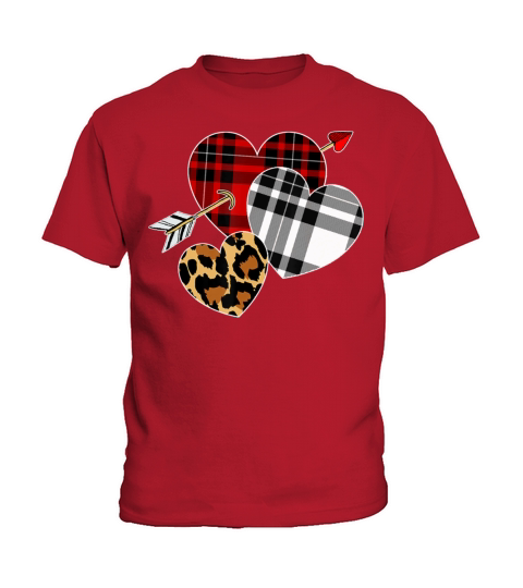 Three Hearts Leopard Buffalo Plaid Valentines day2 Kids T-Shirt