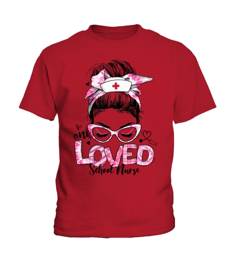 Tie Dye One Loved School Nurse Messy Bun Valentine Kids T-Shirt