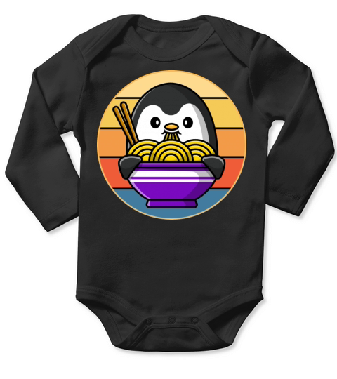 Cute Penguin Eating Ramen Vintage Retro Sunset Long Sleeve Baby One-Piece