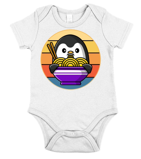 Cute Penguin Eating Ramen Vintage Retro Sunset Short Sleeve Baby One-Piece