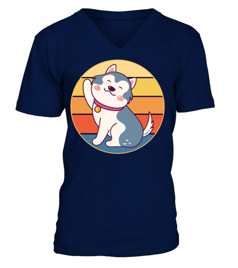 Funny Kawaii Cute Husky Dog Vintage Retro Sunset V-Neck T-shirt