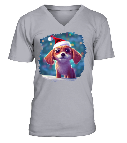 Christmas Cute Little Puppy With Santa Hat V-Neck T-shirt